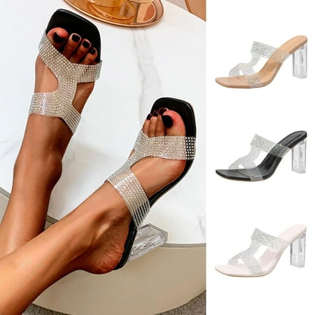 

Fesfesfes Women Slides Women s Transparent High Heeled Mules Rhinestone Slippers Thick Heeled Sandals 7(39)