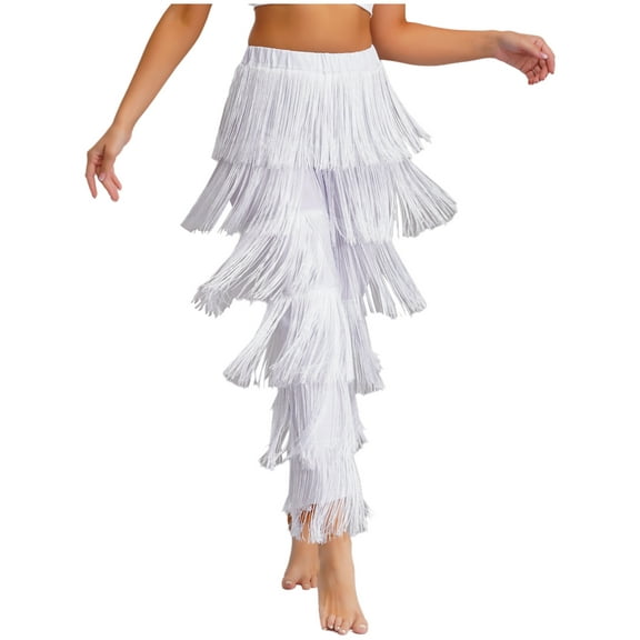 Kaerm Women's Elastic Waist Fringe Latin Jazz Dance Pants Salsa Samba Ballroom Dancing Trousers White 3XL