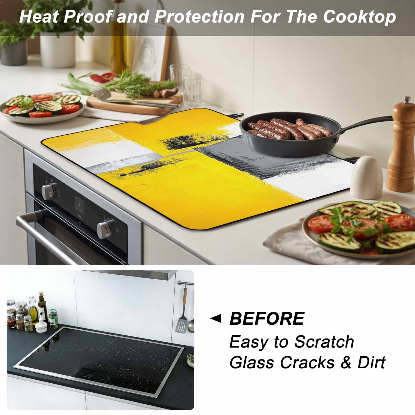 Oil Painting Yellow Grey Stove Top Cover for Electric Stove, Heat-proof & Non Slip Glass Top Stove Cover Protector, Abstract Modern Street Grunge Art Kitchen Flat Cooktop Rubber Mat 24x21 Inches