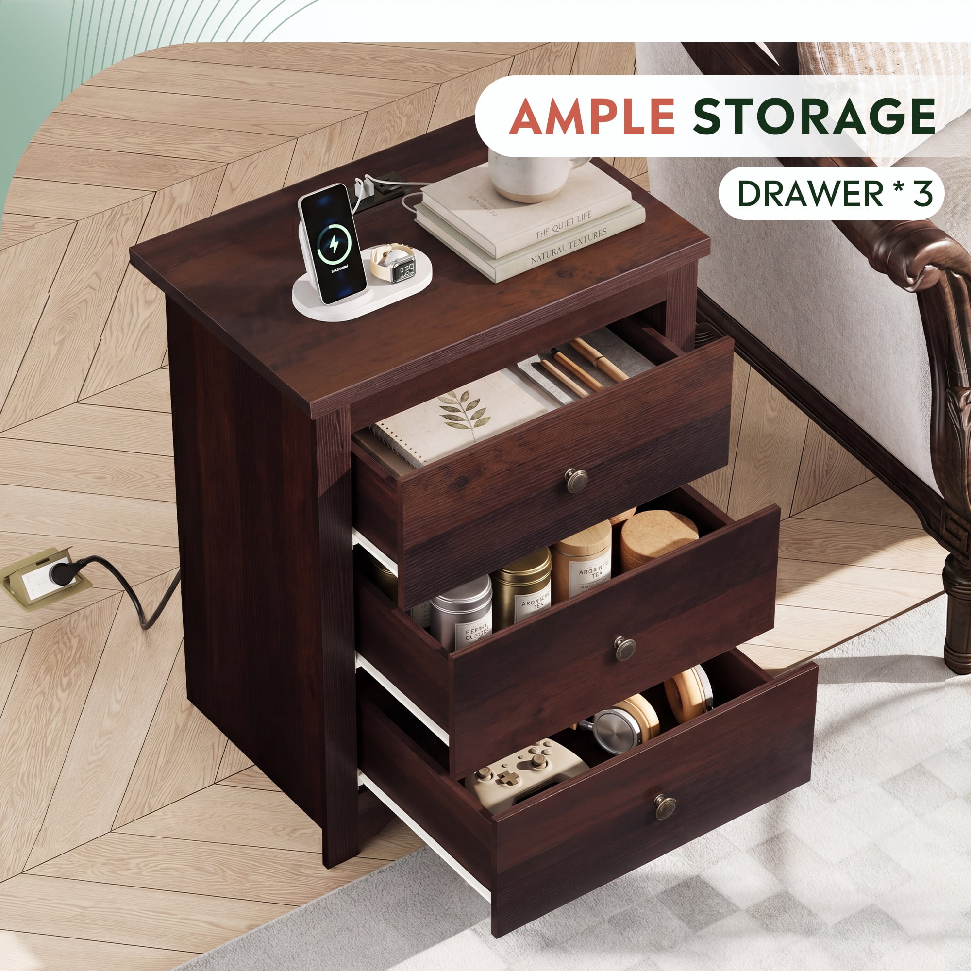 GALAXHERO Tall Espresso Nightstand with Charging Station and 3 Drawers, Wood Bedside End Table with 2 USB Ports & 2 AC Outlets for Bedroom Living Room Dorm