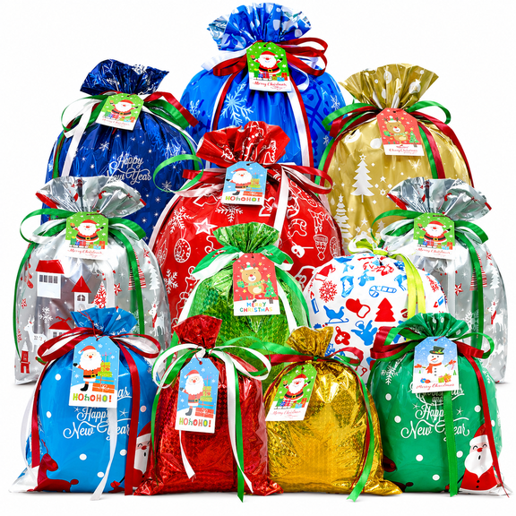38PCS Christmas Drawstring Gift Bags with Tags, Assorted Small, Medium & Large Sizes, Colorful Shiny Reusable Foil Bags for Holiday Xmas Gift Wrapping, Christmas Presents and Party Decor