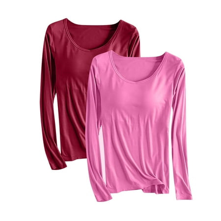 SwiftWear Women s Plus Size Modal Cotton T Shirt Long Sleeve Shirts with Built-in Bra Two Piece Casual Pajama Yoga Top  Wine + Hot Pink XL