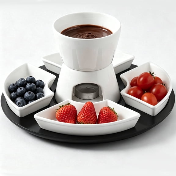 Ceramic Fondue Set – 10.6" White Chocolate Fondue Pot with 9 oz Detachable Bowl, 4 Stainless Steel Forks, Non‑Electric Cheese Warming Tray for Romantic Dinners, Family Gatherings & Dessert Parties