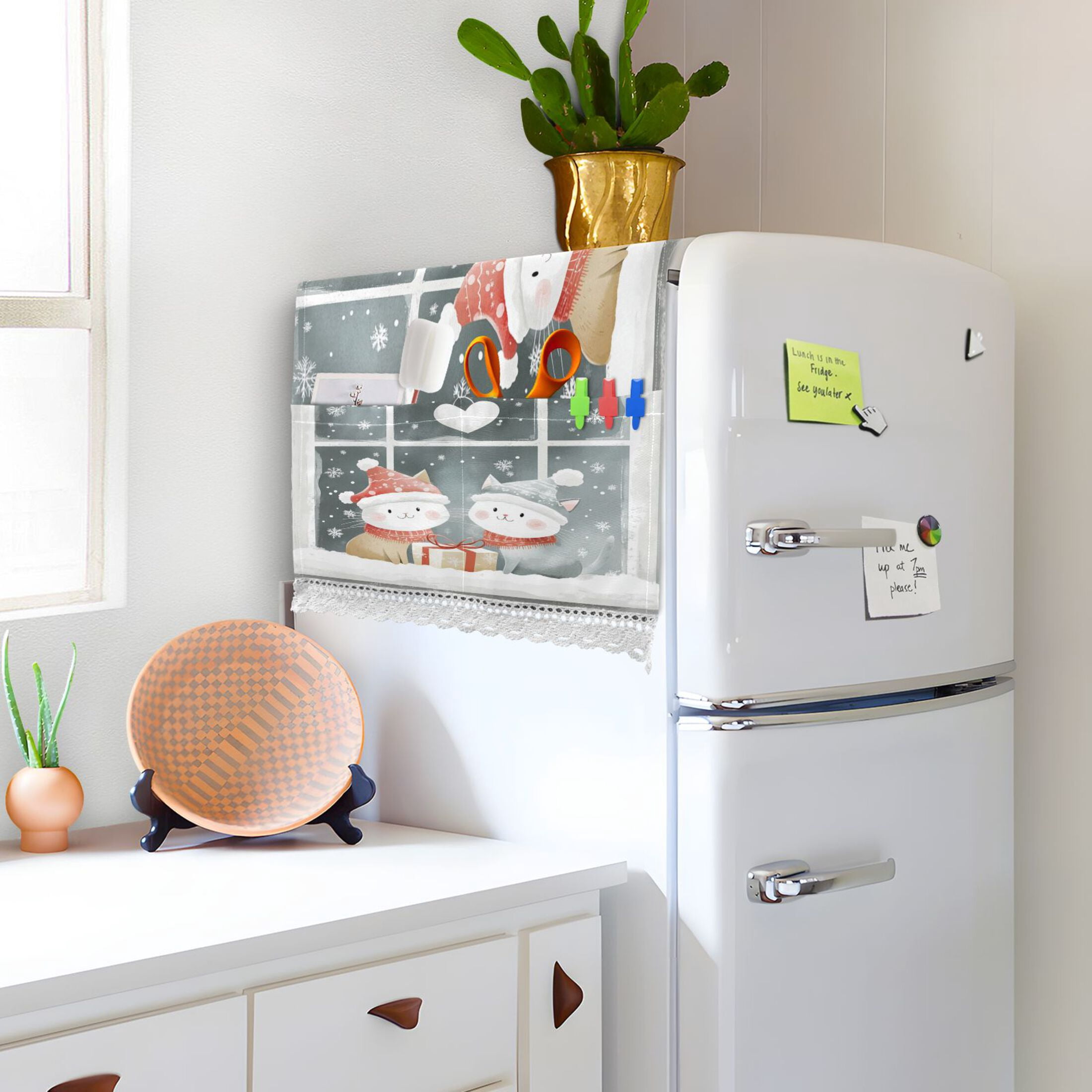 Cute Winter Window SceneWasher and Dryer Covers Dust-Proof and Oil Resistant Fridge Cover with 4 Storage Pockets Washing Machine Top Cover for Laundry Kitchen Home 51.2 x 22 In