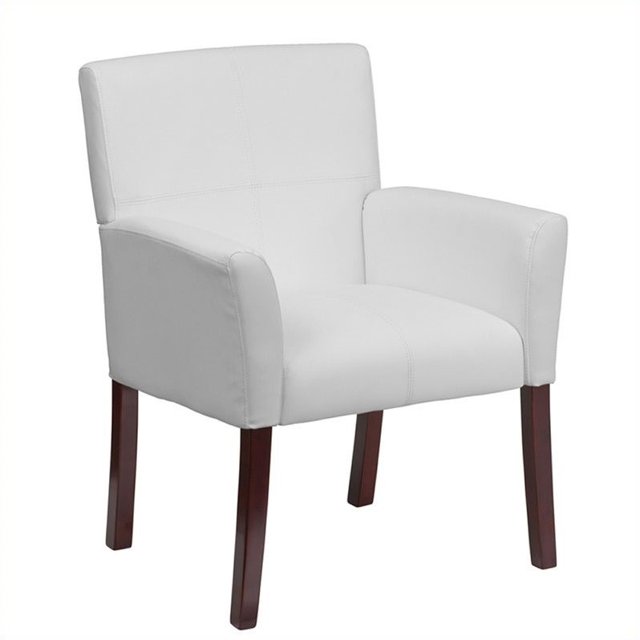 Scranton & Co Leather Executive Side Guest Chair in White and Mahogany