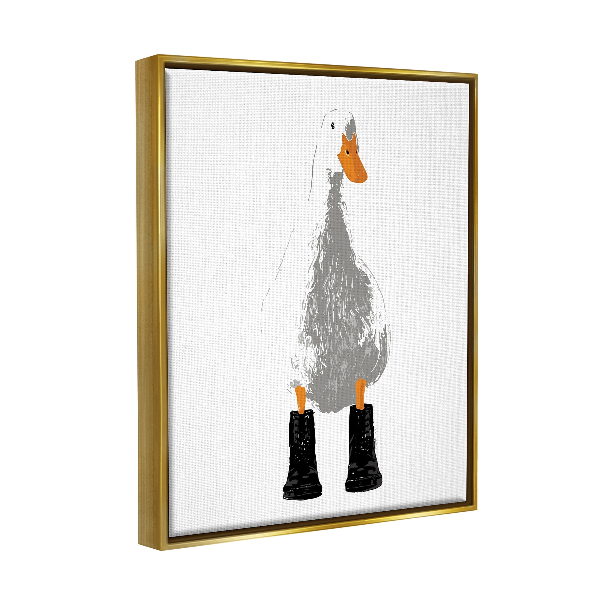Stupell Industries White Duck Wearing Rain Boots Portrait Graphic Art Metallic Gold Floating Framed Canvas Print Wall Art, Design by Kamdon Kreations