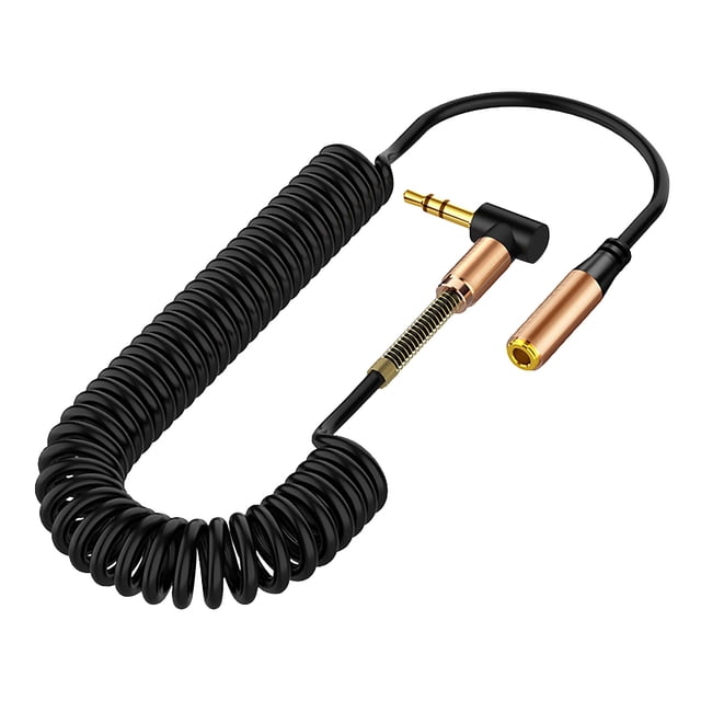 3.5mm Coiled Extension Cable with Right Angle for Connecting Devices in Tight Spaces 1.5m Stretchable Length