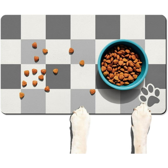Dog Food Mats for Floors Absorbent, Pet Cat Food Mat - Quick Dry Dog Bowl Mats for Food and Water, Eco-Friendly Dog Accessories Pet Supplies 12" x 20"｜Grey Checkered