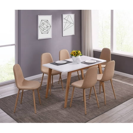 IDS Kitchen Dining Set 7 Piece White Table Natural Solid Wood Legs Design with Fabric Cushioned Armless Lounge