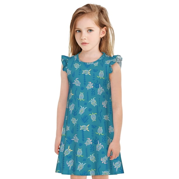 Balery Sea Turtle Camisón de princesa para niñas, pijama de algodón con mangas abullonadas, suave y bonito.-Large