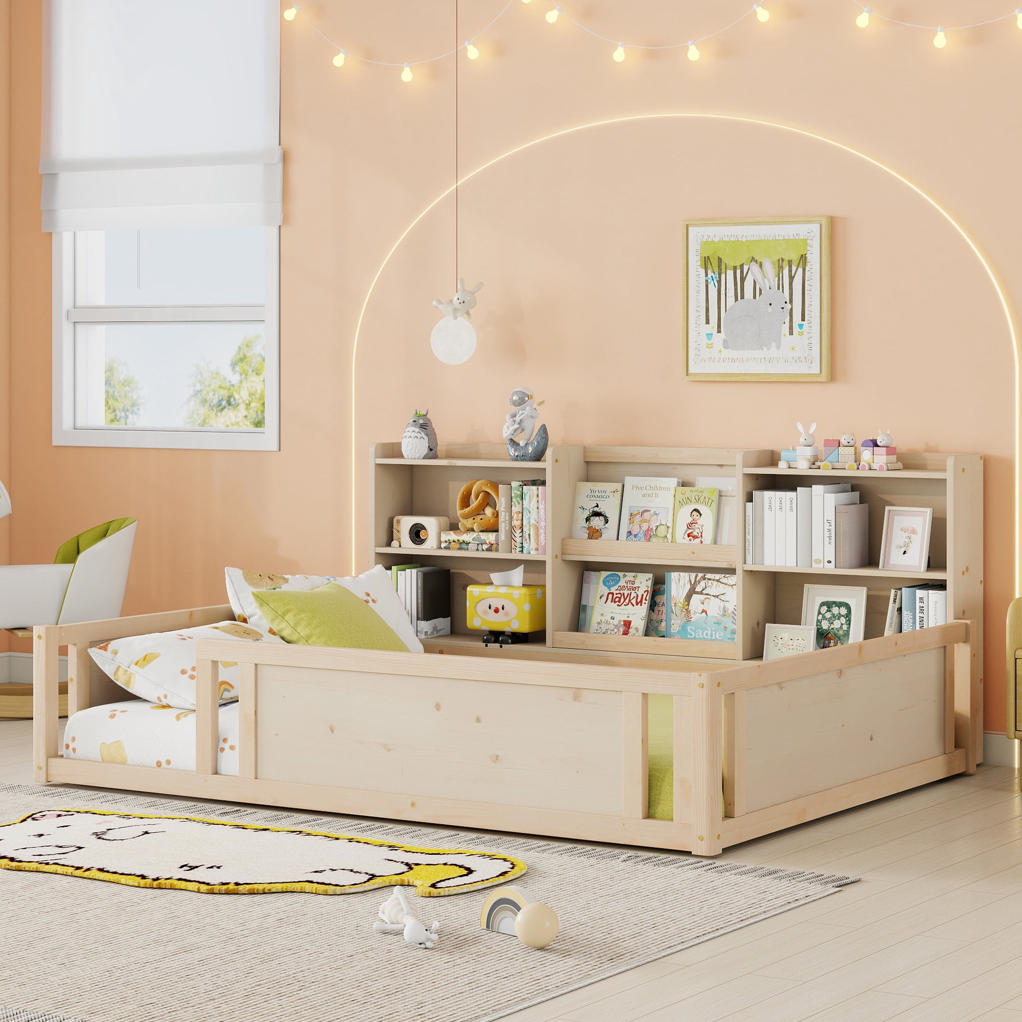 Mintazer Full Size Montessori Floor Bed with Bookcase Headboard & Guardrails, Kids Platform Bed Frame with 6 Cubby Storage Shelves for Bedroom, Natural