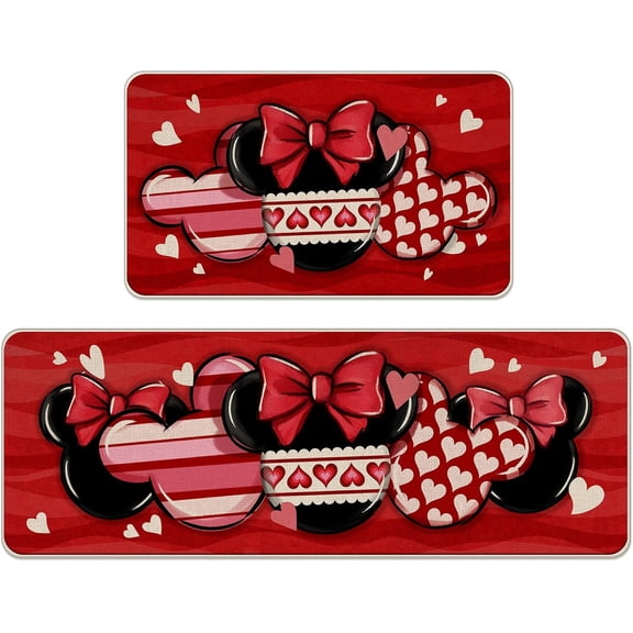 Valentines Kitchen Rugs Set of 2, Red Love Hearts Kitchen Mats Decor, Anniversary Wedding Floor Door Mat Home Decorations - 17x29 and 17x47 Inch