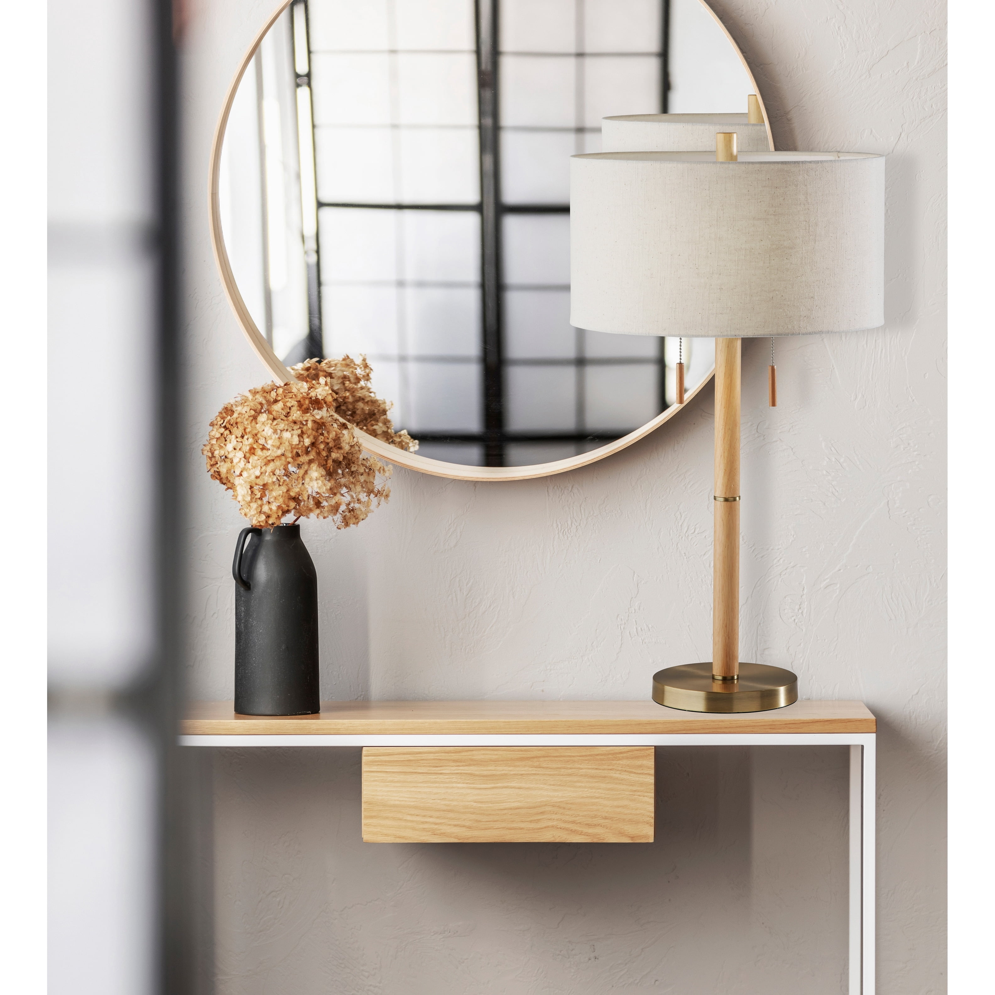 Adesso Madeline Table Lamp, Walnut RubberWood Base & Brushed Steel, Wood Base, White Textured Fabric Shade