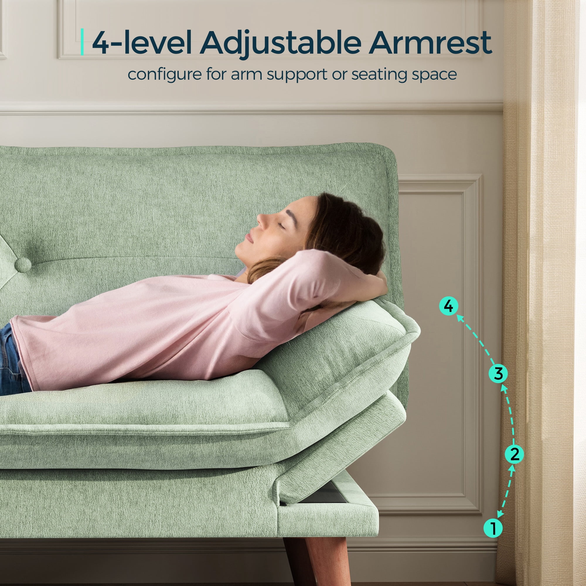 LINSY HOME Futon Sofa, Modern Loveseat Sofa, Chenille Convertible  Bed with Adjustable Armrests forA partment, Green