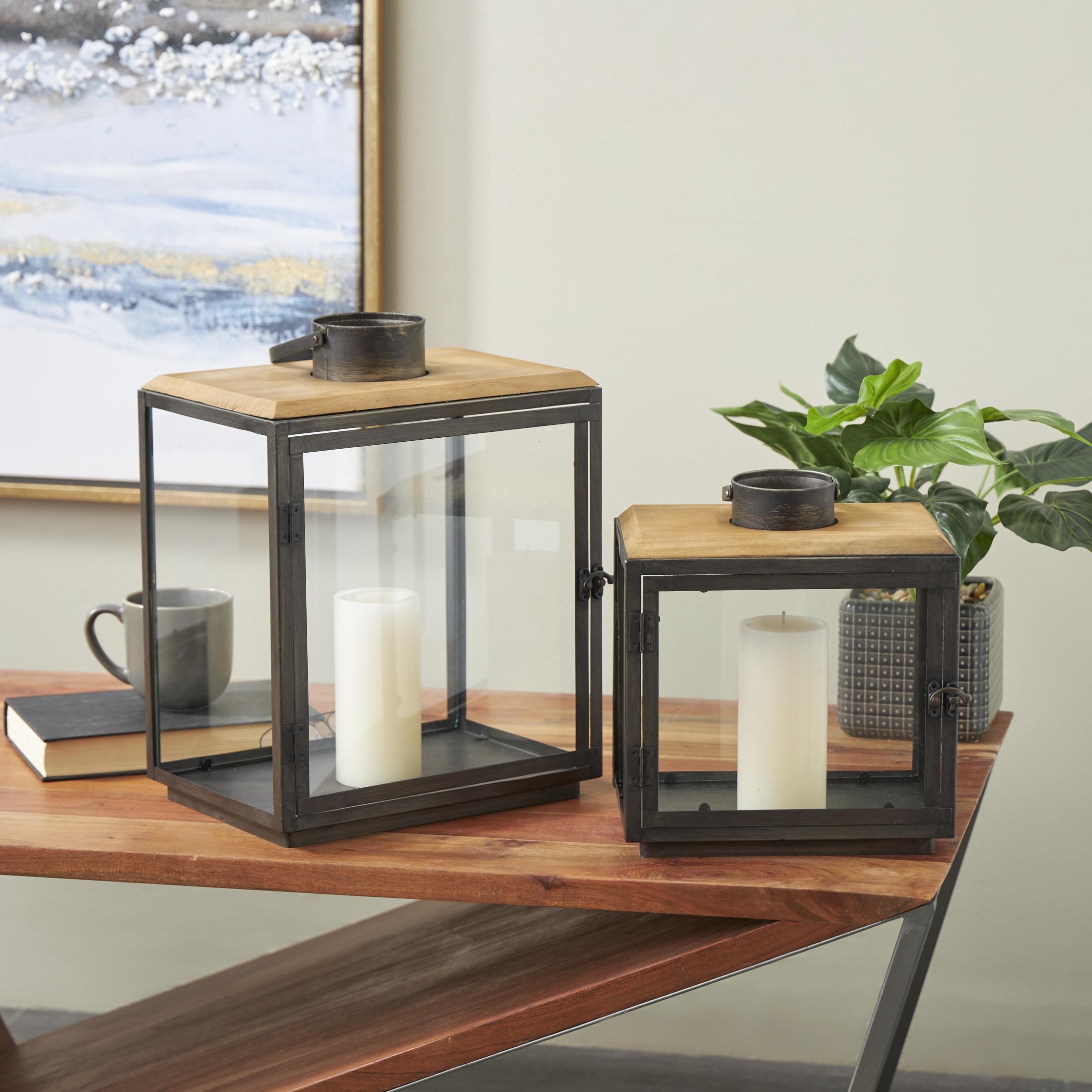DecMode 2 Holder Dark Gray Metal Brushed Rectangular Candle Lantern with Brown Wood Tops, Set of 2