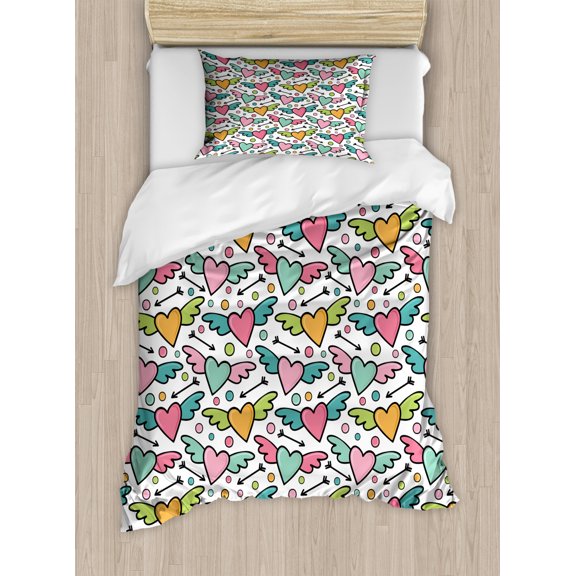 Cartoon Duvet Cover Set Twin Size, Colorful Hearts with Wings and Polka Dots, Decorative 2 Piece Bedding Set with 1 Pillow Sham, Pale Orange Apple Green Baby Pink and Umber, by Ambesonne