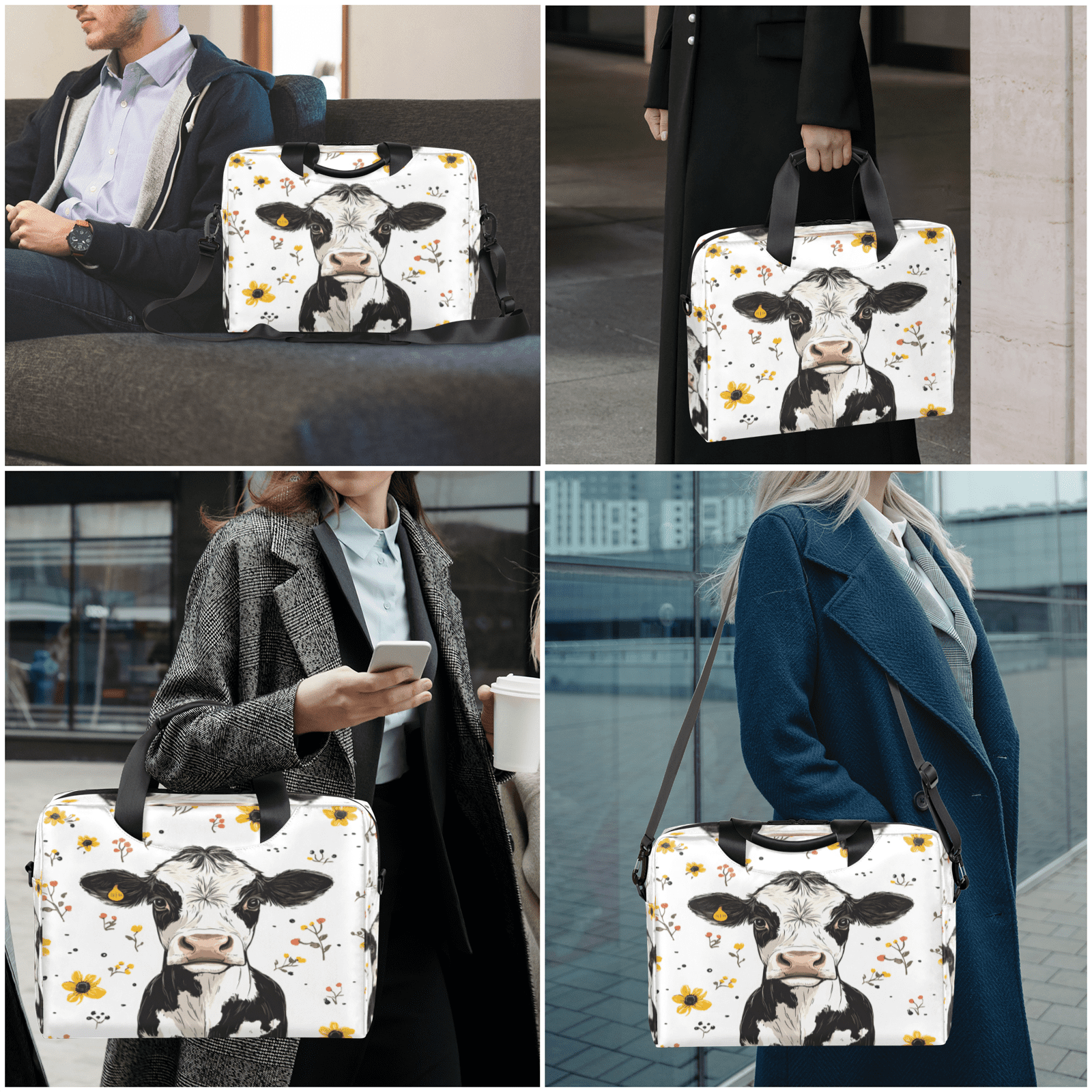 Herdesigns Cow Laptop Bag for Women Men, Computer Case Briefcase Messenger Bags, 15-15.6 inch Laptop Sleeve Shoulder Bag
