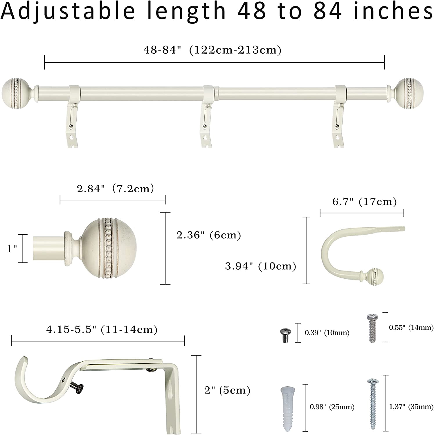 eTeckram 1" Curtain Rod with Sable Finials - 48" to 84", Weathered White