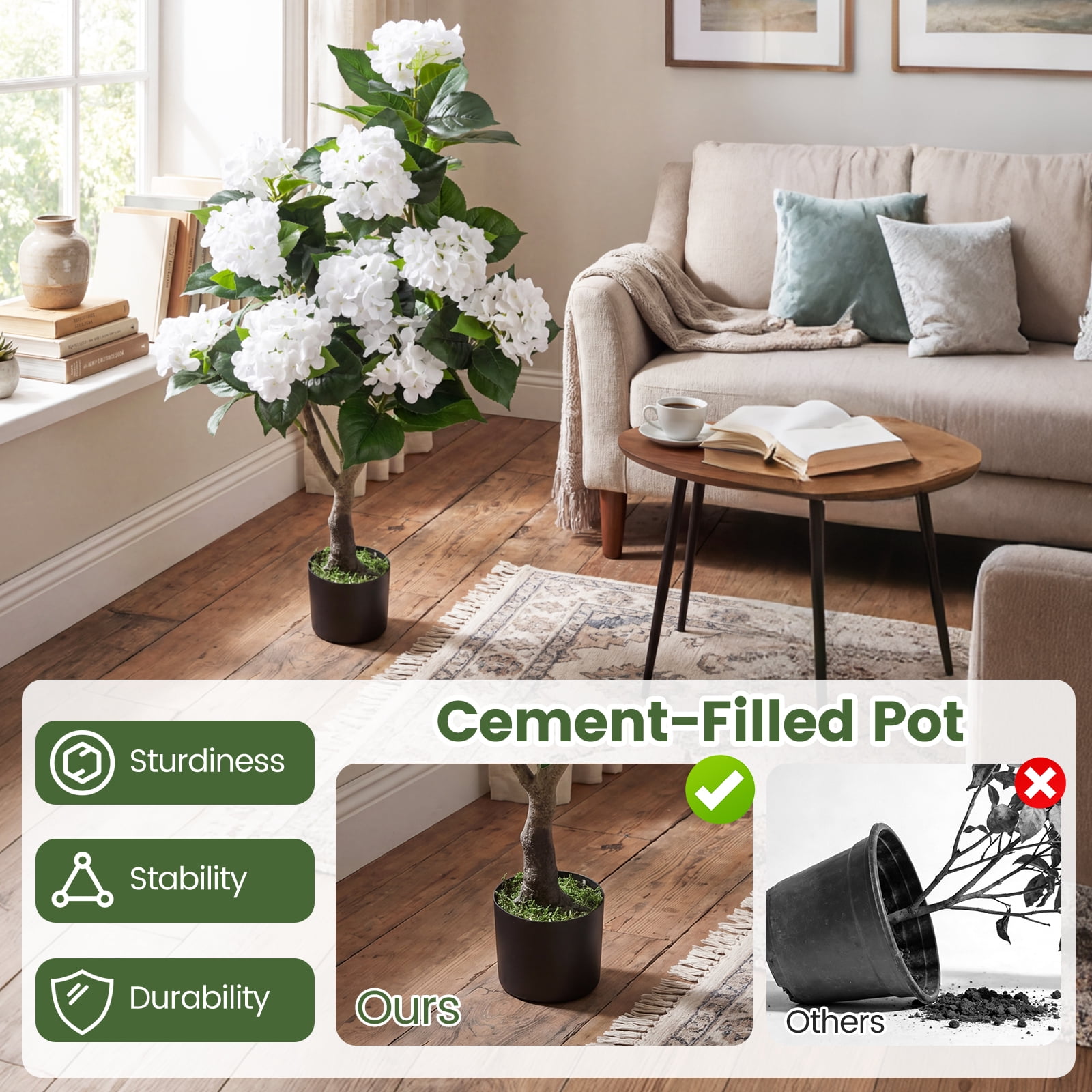 Gymax 2-Pack Artificial Hydrangea Tree 43.5'' Faux Flower Plants w/ 11 Blooms & Realistic Trunk in Cement Pot
