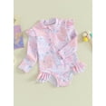 thumbnail image 3 of Bslissey Little Girls One-Piece Swimsuit Floral Print Long Sleeve Ruffle Romper Swimwear Toddler Crew Neck Zipper Bathing Suit 9M-5T Kids Summer Casual Beach Wear, 3 of 9