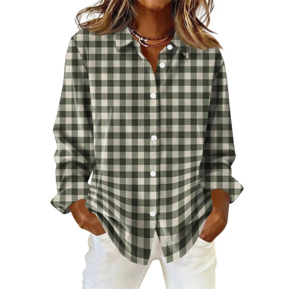 KDDYLITQ Women Plaid Shirts Long Sleeve Lapel Collar Top Button Down Patchwork Jacket Lightweight Trendy Fall Blouses Army Green L