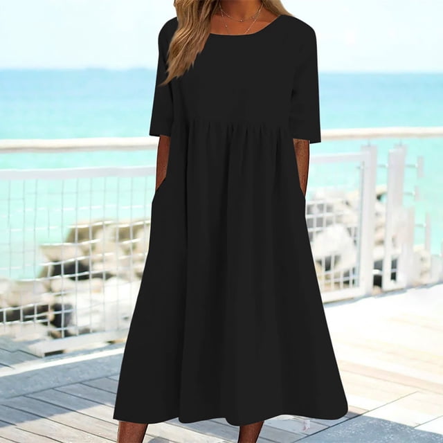 SMihono Robes Bohémiennes d'Été pour Femmes Grande Taille Mode Femmes Décontracté Aguichant Col Rond Uni Manches Courtes Poches Robe d'Été