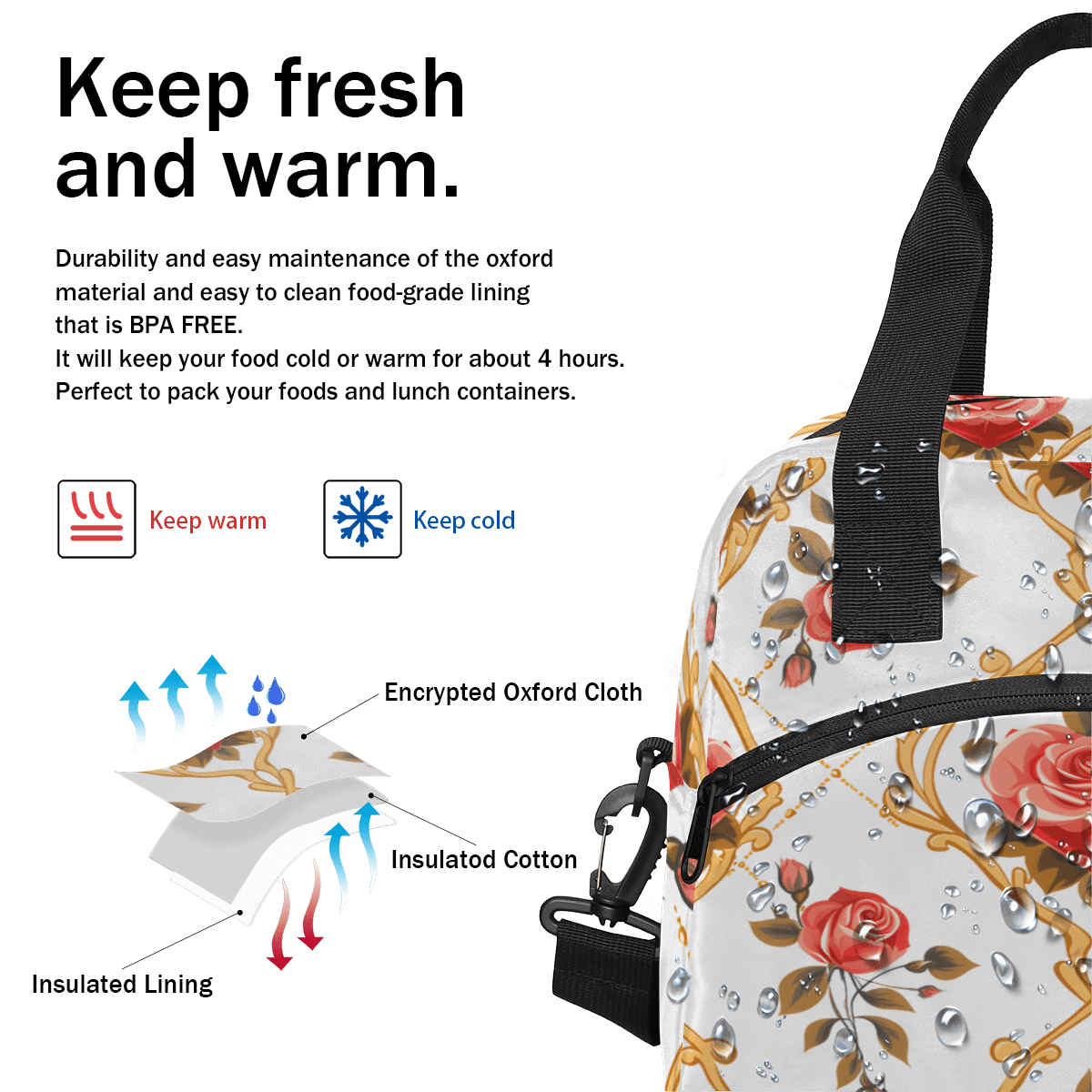 Herdesigns Vintage Rose Insulated Lunch Bag for Women Men Adults Large Reusable Lunch Box Flower Rose Leakproof Cooler Tote Bags with Adjustable Shoulder Strap