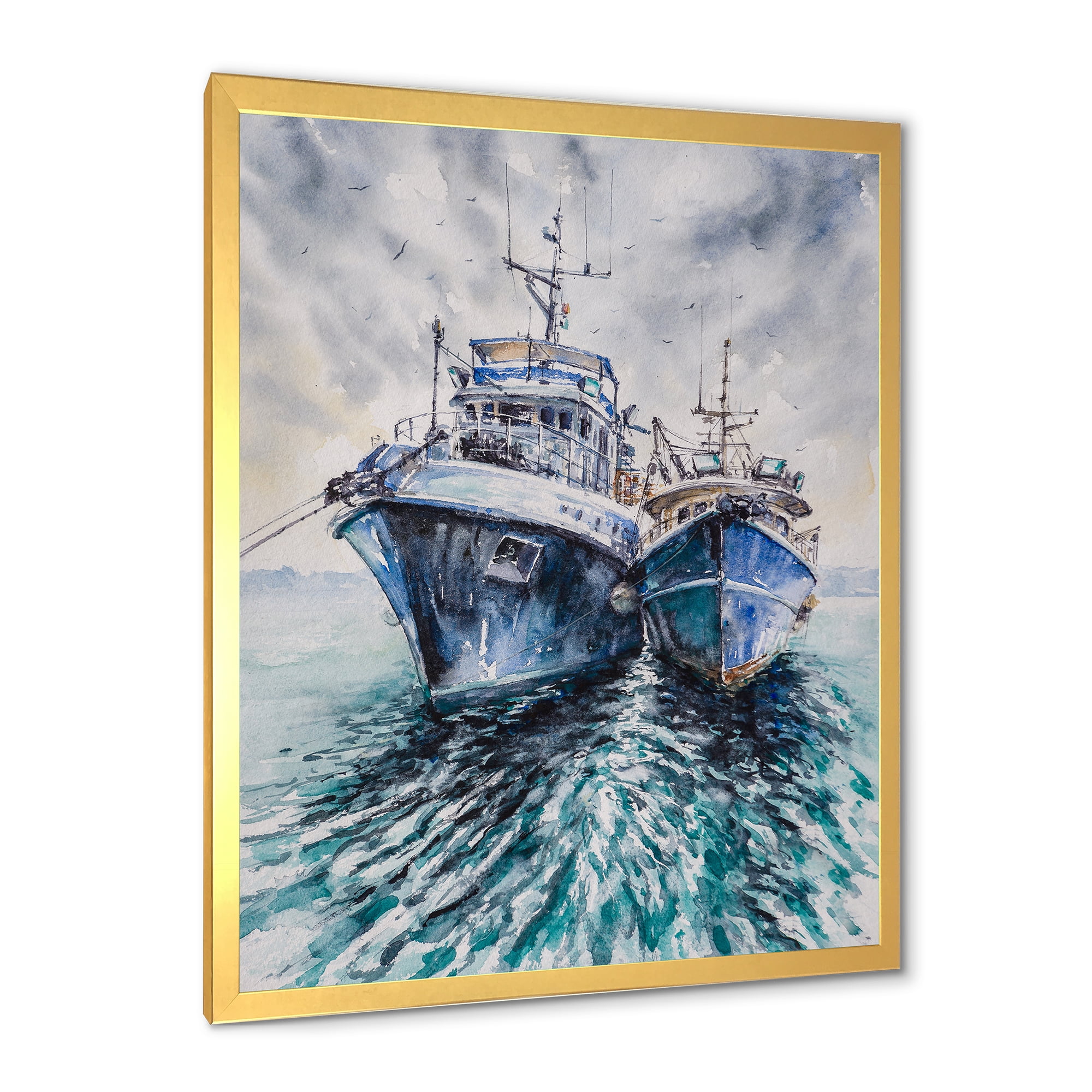 Designart 'Blue Fishing Boats Before A Storm Anchored' Nautical & Coastal Framed Art Print