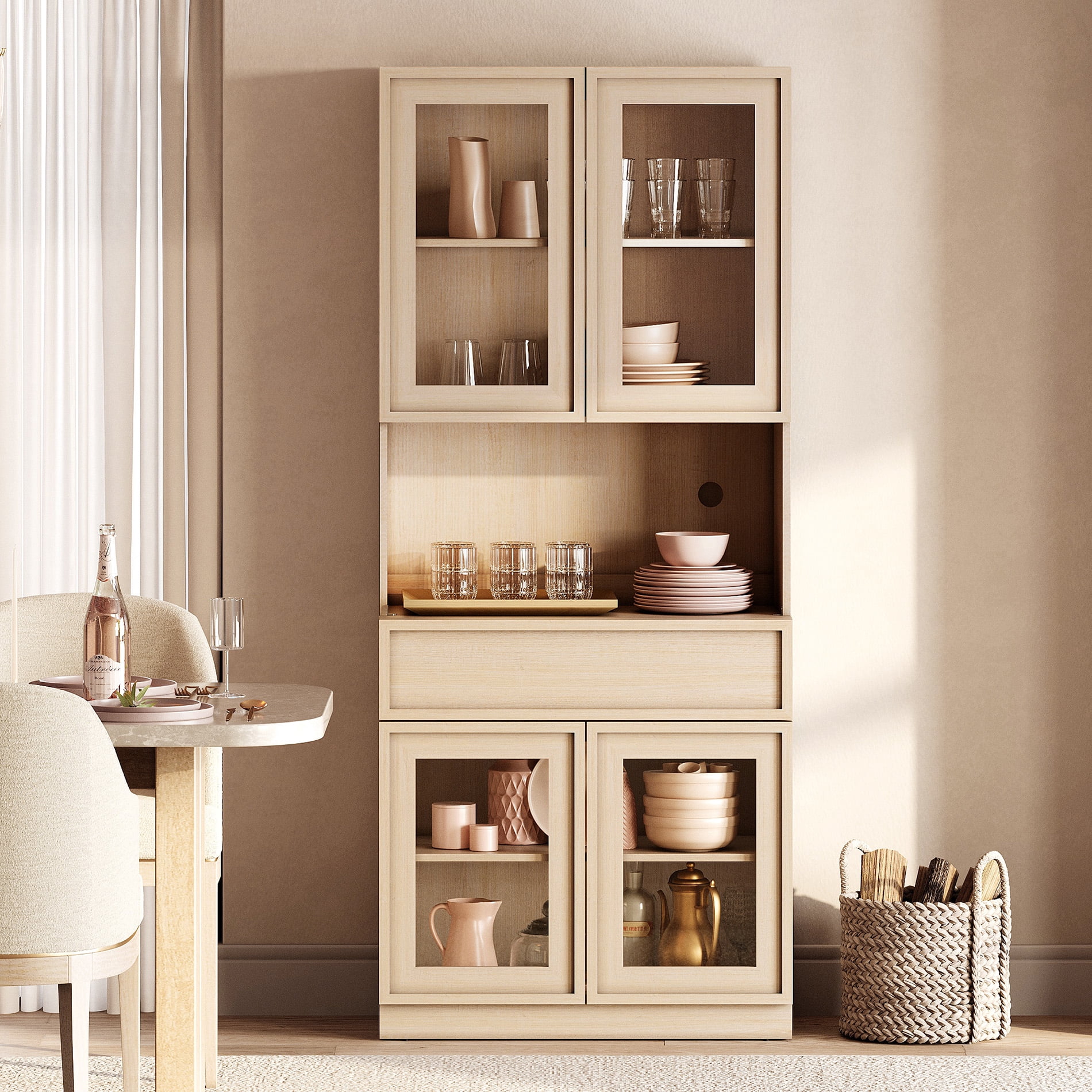 Modern 72"Tall Sideboard, Wood Buffet Display Cabinet with Glass Doors, Drawers and Adjustable Shelves, Multi-Layer Storage Console for Dining Room,Living Room,Entryway,Beige