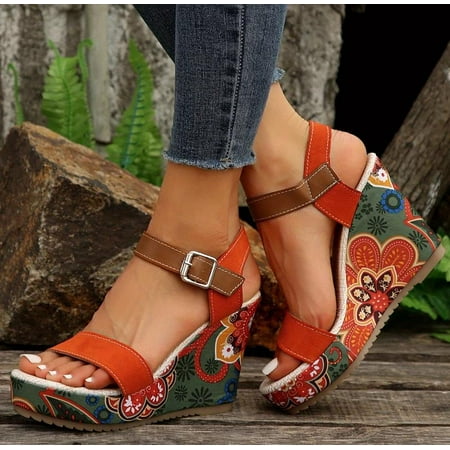 

Women s floral wedge sandals with sponge cake soles