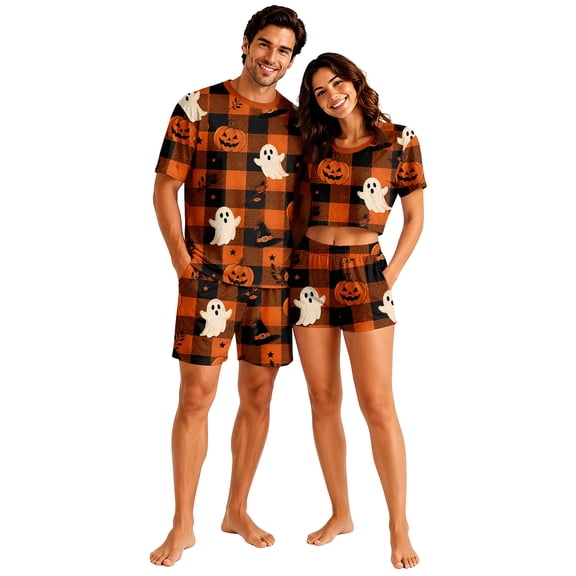 Halloween Pjs, Halloween Couple Matching Pajamas Set, Orange Plaid Ghost Pumpkin Full Print Short Sleeve Loungewear, Crop Top & Shorts Sleepwear, Cozy Spooky Holiday Nightwear for Summer Home Wear, L