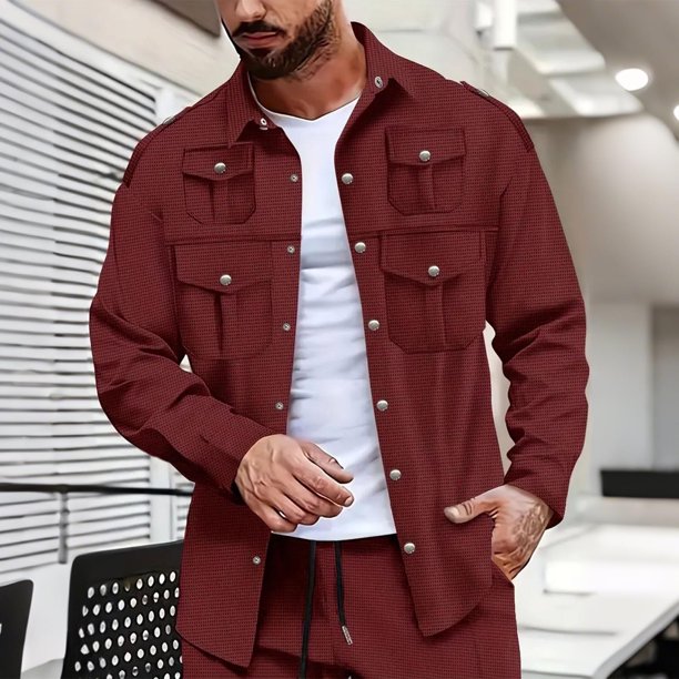 pstuiky camisetas de manga larga para hombre, Chaqueta tipo cárdigan de manga larga con solapa y botones, color liso, para hombre, con múltiples bolsillos camisetas de hombre l