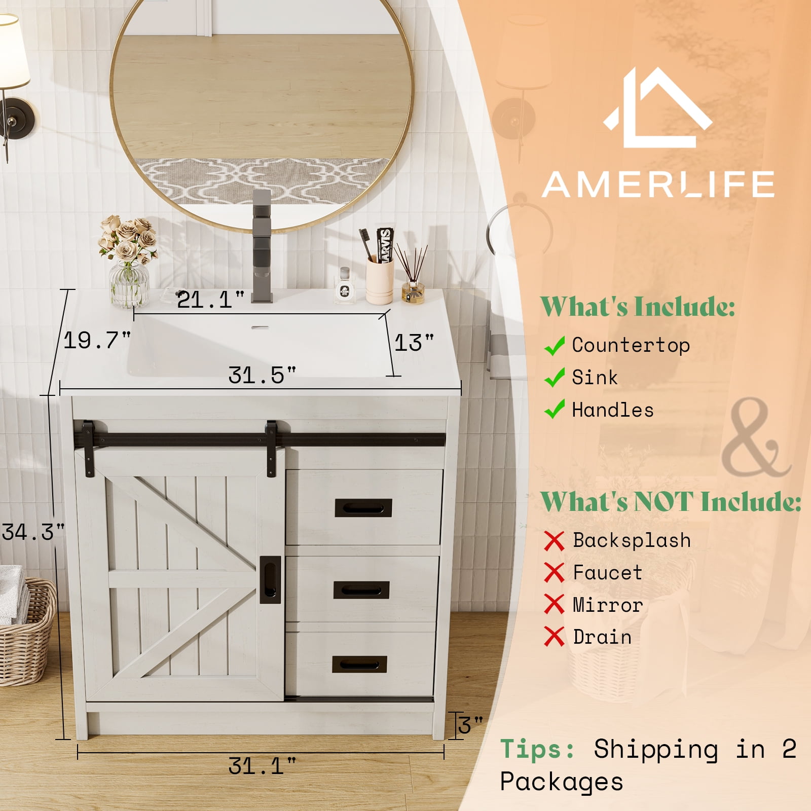 Merluxy 31" Sliding Barn Door Bathroom Vanity with Sink, Farmhouse Small Single Bath Vanity, White