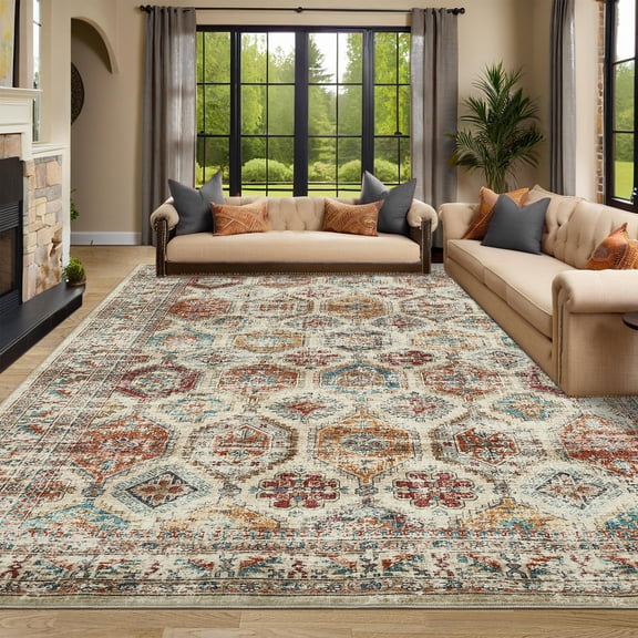 ZACOO 10'x13' Vintage Distressed Oriental Geometric Area Rug Wrinkle Resistant Secure Non-Slip Machine Washable Carpet for Living Room, Multicolor