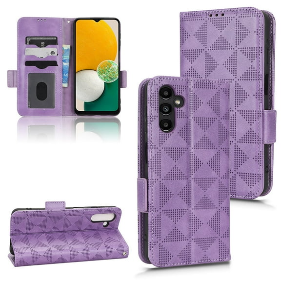 Dteck Wallet Case For Samsung Galaxy A13 5G 6.5 inch,Luxury Embossed Triangle Design PU Leather Magnetic Closure Flip Card Slots Holder with Wrist Strap Shockproof Anti-scratch Cover.Purple