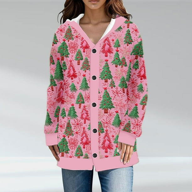 Cárdigan informal de punto con estampado navideño para mujer, chaqueta con botones y abrigo para mujer