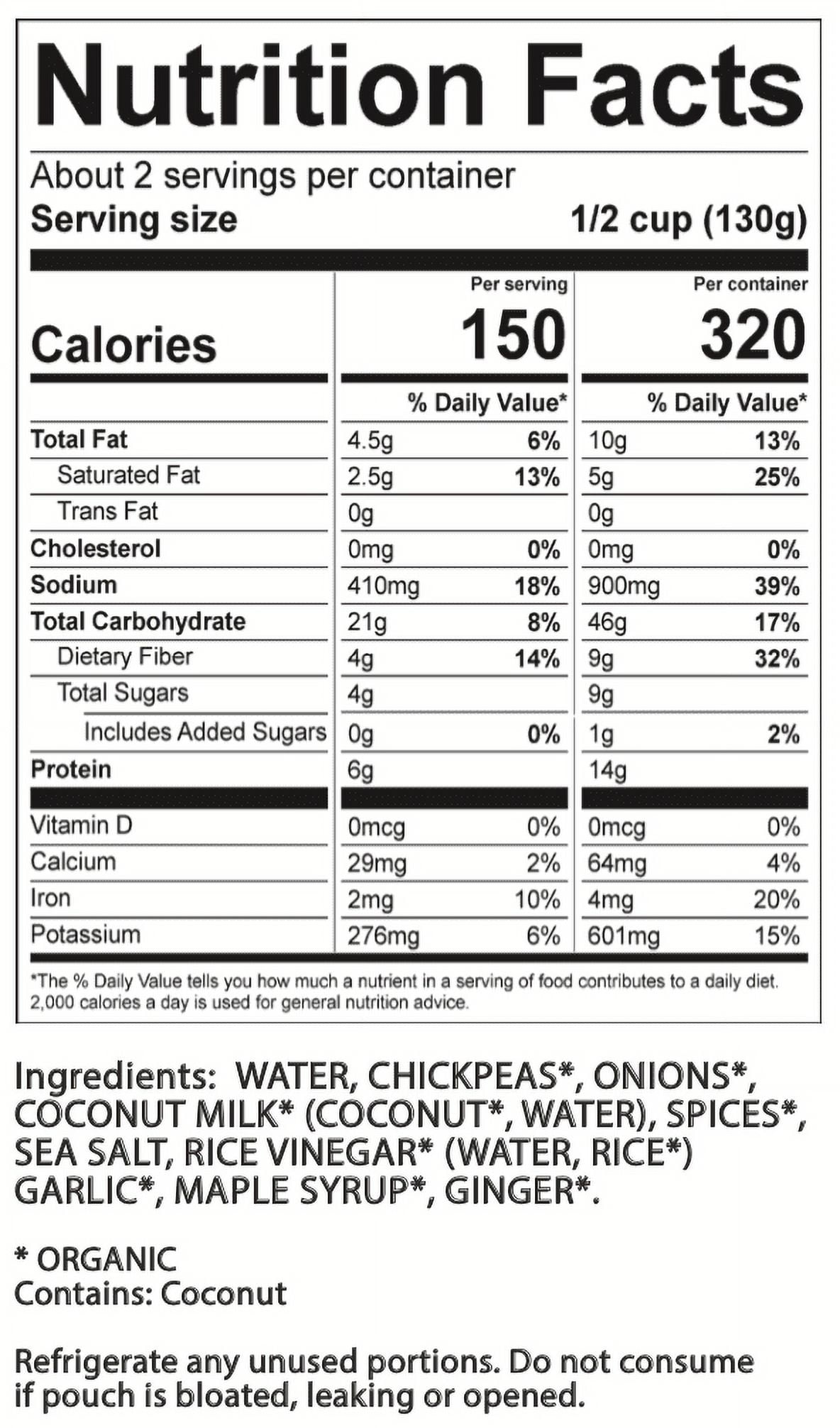 (6 pack) BeanVIVO Organics Plant Based Coconut Curry Chickpeas, Microwaveable, Gluten-Free, 10 oz Pouch