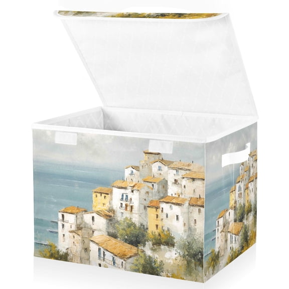 Foldable Fabric Storage Bin With Handle Collapsible Basket Box Storage With Lid Organizer Italian Coastal Village
