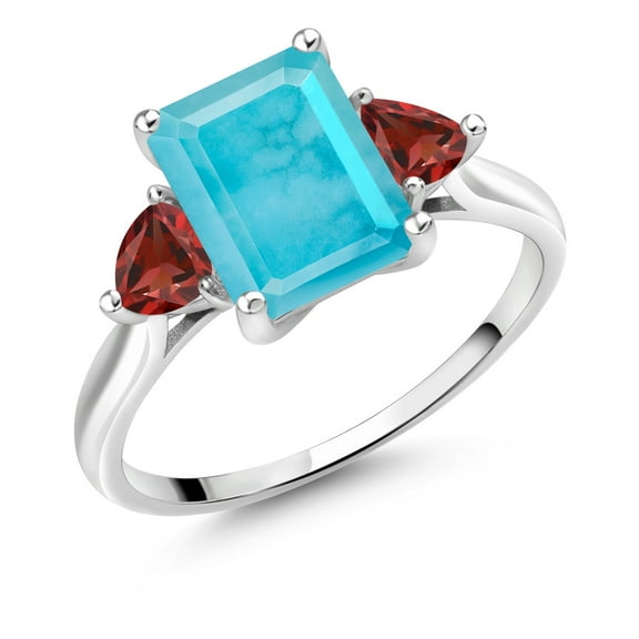 Gem Stone King 10K White Gold Green Turquoise and Red Garnet 3 Stone Engagement Ring for Women (2.34 Cttw, Emerald Cut 9X7MM, Gemstone Birthstone, Size 8)