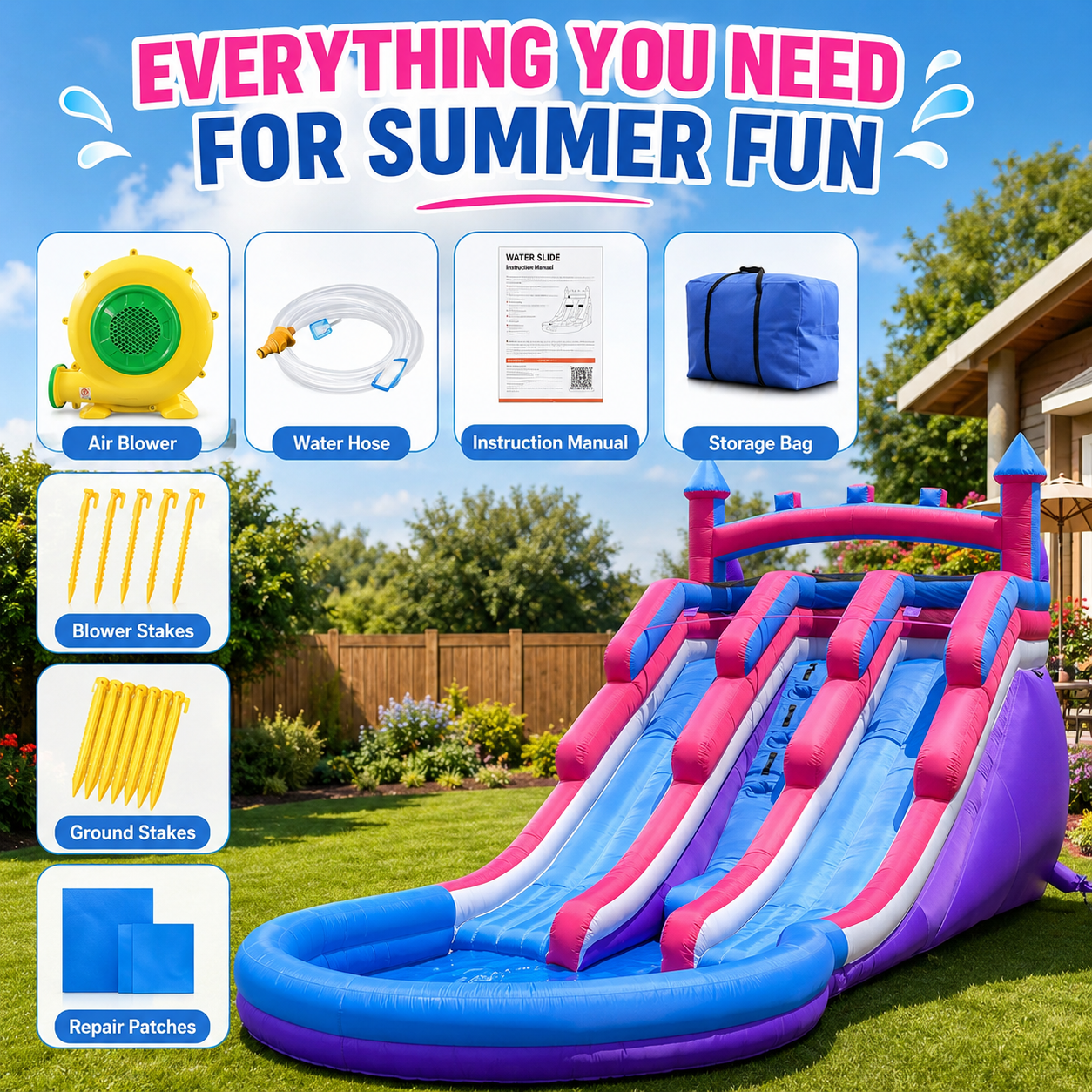 20FT Inflatable Kids Water Slide with Dual Lanes, Climbing Wall & Splash Pool – Backyard Fun for Kids, Fits Up to 6 Children (Purple & Pink)
