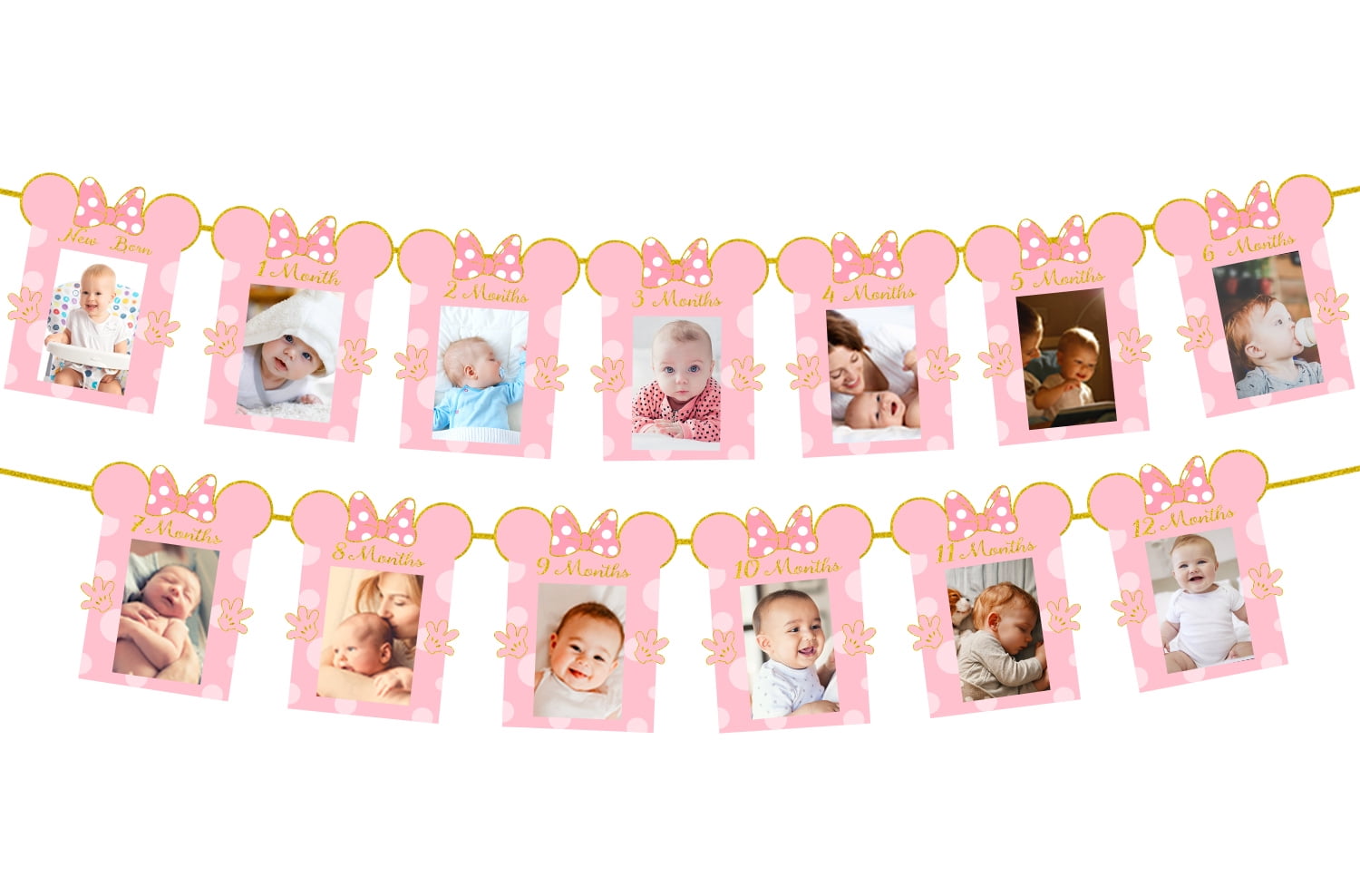Cartoon Mouse Photo Banner Pink and Gold Newborn to 12 Month Birthday Banner for Cartoon Mouse Themed 1st Birthday Decorations Supplies