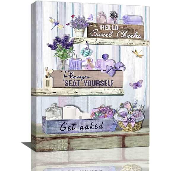 Lavender Bathroom Wall Art Purple Bathroom Pictures for Wall Rustic Farmhouse Dragonfly Butterfly Canvas Painting Country Bathroom Framed Artwork for Bathroom Laundry Decor 12"x16"