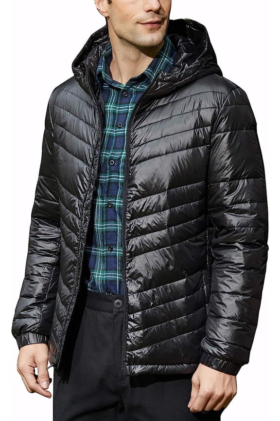 Men's Packable Insulated Warm Hooded Puffer Long Sleeve Down Jacket Winter Coat, Black-l
