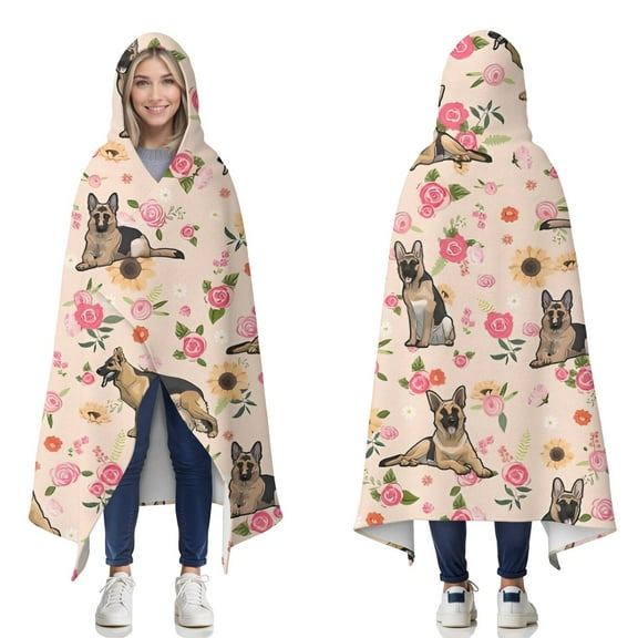 Wearable Blanket,Shepherd Dog and Flower Floral Hooded Wearable Flannel Blanket for Adults & Teens,Winter Poncho Shawl Wrap Cape Cozy Anti-Pill,50"x60"
