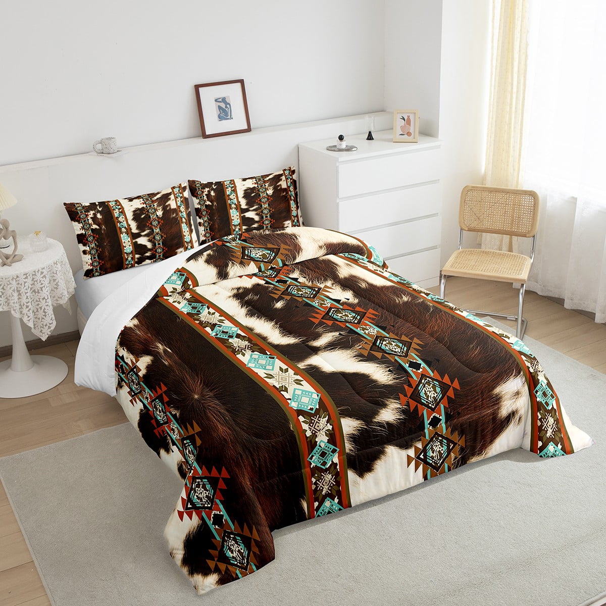 Cowhide Bedding Set Western Comforter Set King,Brown Highland Cow Print Quilt Exotic Aztec Farmhouse Wild Animals Duvet Insert,Longhorn Skin Room Decor Cowboys Gifts for Men