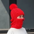 thumbnail image 3 of Bibifish Womens Red Knit Trapper Hat Pom-Pom & Zipper Mask Warm Soft One-Piece Casual Winter Outdoor Cold-Weather Protective Hat, 3 of 7