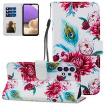 Compatible with Galaxy A32 5G Case 6.5 inch, Allytech Premium PU Leather Hand Strap Card Slots Soft TPU Shockproof Fold Stand Magnetic Snap Case for Samsung Galaxy A32 5G(NOT for 4G), Peacock Flower