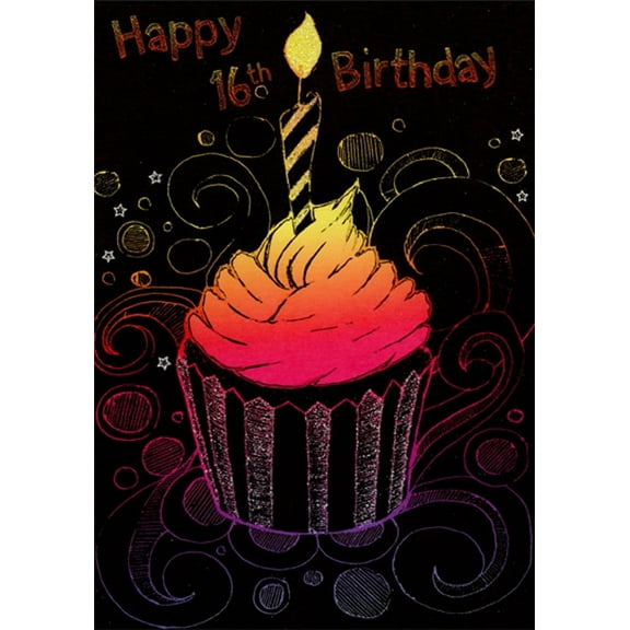Designer Greetings Cupcake with Red and Orange Frosting on Black Age 16 / 16th Birthday Card
