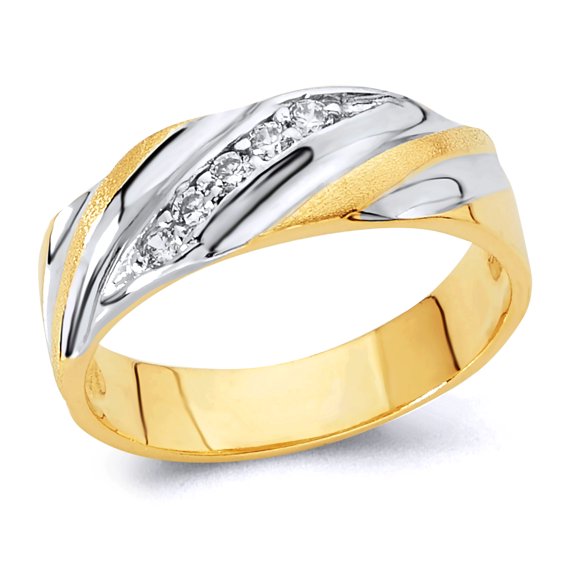 Wellingsale Men's Solid 14k Two 2 Tone White and Yellow Gold Polished CZ Cubic Zirconia Wedding Band - Size 8