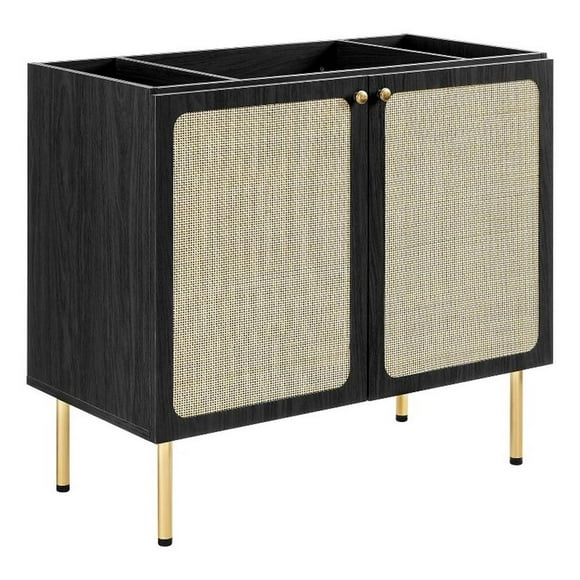 Pemberly Row 36" Wood & Rattan Bathroom Vanity Cabinet in Black